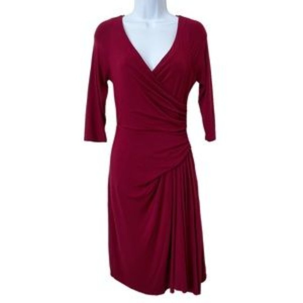 The Limited Faux Wrap Dress XS Womens Burgundy Gathered Draped Waist V Neck
